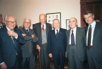Visita alla città di Milano - Incontro, presso la sede del quotidiano "Corriere della Sera", con (da destra) il Direttore Ferruccio De Bortoli, Gaetano Afeltra, Indro Montanelli, Enzo Biagi e Arrigo Levi.