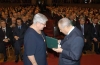 Il Presidente Ciampi consegna l'onorificenza di Commendatore dell'Ordine al Merito della Repubblica Italiana a Ines Figini, nel corso dell'incontro con le Autorit&#224; al Teatro Sociale.