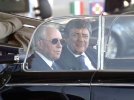 Il Presidente Ciampi con Luigi Roth, Presidente della Fondazione fiera di Milano, durante la visita ai padiglioni della nuova Fiera, a bordo di una auto d'epoca.