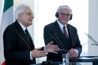 Il Presidente della Repubblica Sergio Mattarella nel corso delle dichiarazioni alla stampa con il Presidente della Repubblica Federale di Germania Frank-Walter Steinmeier