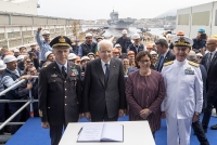 Il Presidente  Mattarella con il Ministro della Difesa, Trenta, il Capo di Stato Maggiore della Difesa, Vecciarelli, e il Capo di Stato Maggiore della Marina Militare, Girardelli, a Castellammare di Stabia alla cerimonia di varo della nave  “Trieste” della Marina Militare