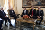 Il Presidente della Repubblica Sergio Mattarella  con il Sen. Massimiliano ROMEO e On. Dott. Riccardo MOLINARI, rispettivamente Presidente del Gruppo Parlamentare “Lega – Salvini Premier” del Senato della Repubblica e della Camera dei Deputati, accompagnati dal Sen. Matteo SALVINI, Segretario Federale del Partito “Lega – Salvini Premier” in  occasione delle consultazioni