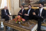 Il Presidente della Repubblica Sergio Mattarella  con il Sen. Ing. Stefano PATUANELLI e On. Dott. Francesco D’UVA, rispettivamente Presidente del Gruppo Parlamentare “MoVimento 5 Stelle” del Senato della Repubblica e della Camera dei Deputati, accompagnati dall’On. Luigi DI MAIO, Capo della forza politica “MoVimento 5 Stelle”, in occasione delle consultazioni