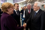  Il Presidente della Repubblica Sergio Mattarella in occasione della cerimona di commiato del Presidente della Banca Centrale Europea Mario Draghi, con Angela Merkel e Emmanuel Macron