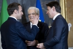 Il Presidente della Repubblica Sergio Mattarella  con il Presidente della Repubblica francese Emmanuel Macron e il Presidente del Consiglio dei Ministri Giuseppe Conte in occasione del vertice italo francese