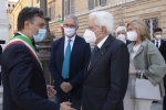 Il Presidente Sergio Mattarella e la Signora Laura Mattarella, con Luca Ceriscioli, Presidente della Regione Marche e Paolo Niccoletti, Sindaco di Loreto, per la celebrazione giubilare in occasione della accensione della Lampada per la pace 
