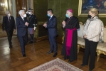 Il Presidente Sergio Mattarella con Luigi Di Maio, Ministro degli Affari Esteri e della Cooperazione Internazionale, S.E. Rev.ma Mons. Emil Paul Tscherrig, Decano del Corpo Diplomatico - Nunzio Apostolico e Elisabetta Belloni, Segretario generale del Ministero degli Affari Esteri e della Cooperazione Internazionale, in occasione della cerimonia per lo scambio degli auguri di fine anno con il Corpo Diplomatico