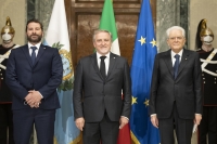 Il Presidente Sergio Mattarella con i Capitani Reggenti della Repubblica di San Marino, LL.EE.,i Signori Gian Carlo Venturini e Marco Nicolini, in visita ufficiale. 
