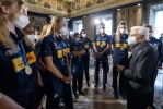 Il Presidente Sergio Mattarella al termine dell'incontro con la Nazionale italiana di pallavolo femminile e maschile