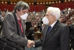 Il Presidente Sergio Mattarella con Giorgio Parisi, Premio Nobel per la Fisica 2021, al termine della cerimonia di apertura della riunione Parlamentare Pre-COP26