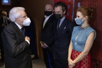 Il Presidente Sergio Mattarella con Jessica Chastain, il consorte e Vincent D’Onofrio, rispettivamente attrice protagonista e attore non protagonista del film “The Eyes of Tammy Faye” di Michael Showalter