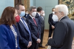 Il Presidente Sergio Mattarella con la Paola Taverna, Vice Presidente del Senato della Repubblica, Ettore Rosato, Vice Presidente della Camera dei deputati e Andrea Orlando, Ministro del lavoro e delle politiche sociali, in occasione della cerimonia di consegna delle “Stelle al Merito del Lavoro” ai nuovi Maestri del Lavoro nominati il 1° maggio 2020 e 2021