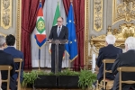 Il Presidente della Repubblica Sergio Mattarella durante l'intervento di Guido Carlino, Presidente della Corte dei conti 
