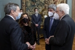 Il Presidente Sergio Mattarella con Maria Elisabetta Alberti Casellati, Presidente del Senato della Repubblica, Roberto Fico, Presidente della Camera dei deputati e Mario Draghi, Presidente del Consiglio dei Ministri, in occasione della cerimonia per lo scambio degli auguri di fine anno con i rappresentanti delle istituzioni, delle forze politiche e della società civile