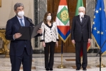 Il Presidente Sergio Mattarella con il Presidente del Senato Maria Elisabetta Alberti Casellati e il Presidente della Camera Roberto Fico, in occasione della comunicazione dell'esito della votazione per l'elezione del Presidente della Repubblica.