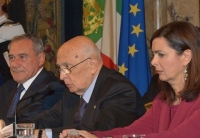 Il Presidente Giorgio Napolitano co il Presidente del Senato Pietro Grasso e la Presidente della Camera Laura Boldrini nel corso della cerimonia per lo scambio degli auguri di fine anno con i Rappresentanti delle Istituzioni, delle Forze Politiche e della Società Civile 