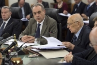 Il Presidente Giorgio Napolitano con a fianco il Vice Presidente del CSM Giovanni Legnini nel corso dell'intervento all'Assemblea plenaria del Consiglio Superiore della Magistratura